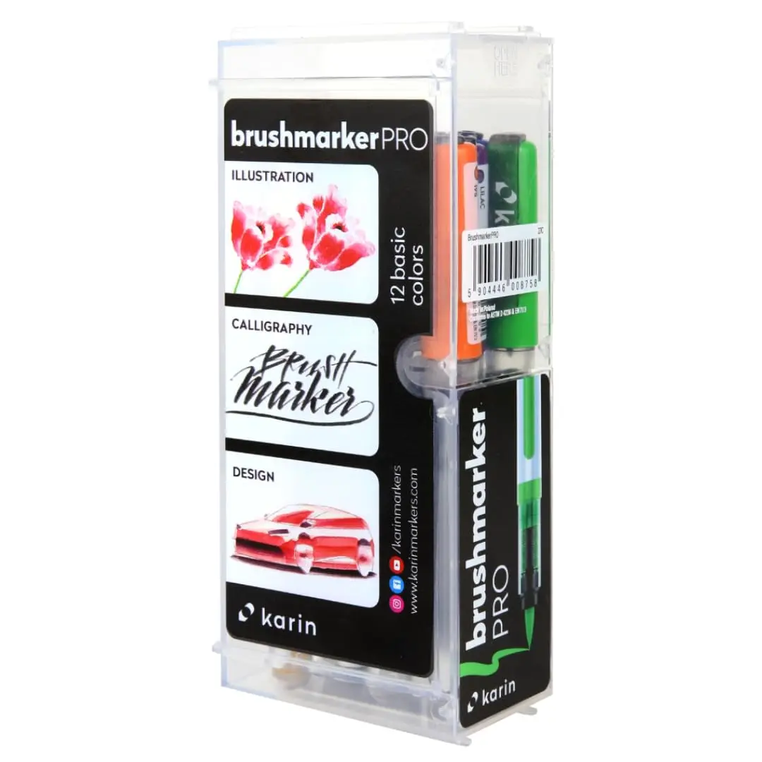 Karin Brushmarker Pro 12pc Basic Colors Brush Tip Markers Set | Blendable Water-Based Professional Grade Markers for Adults and Artists - main product image