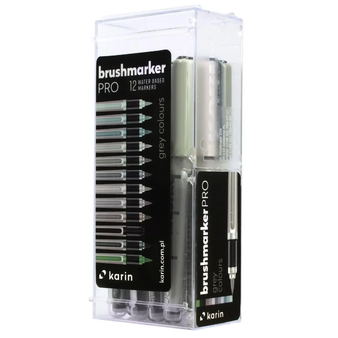 KARIN Pro Brush Marker 12 Grey Colours Set 2.4ml Liquid Paint | Smooth Ink Flow - main product image