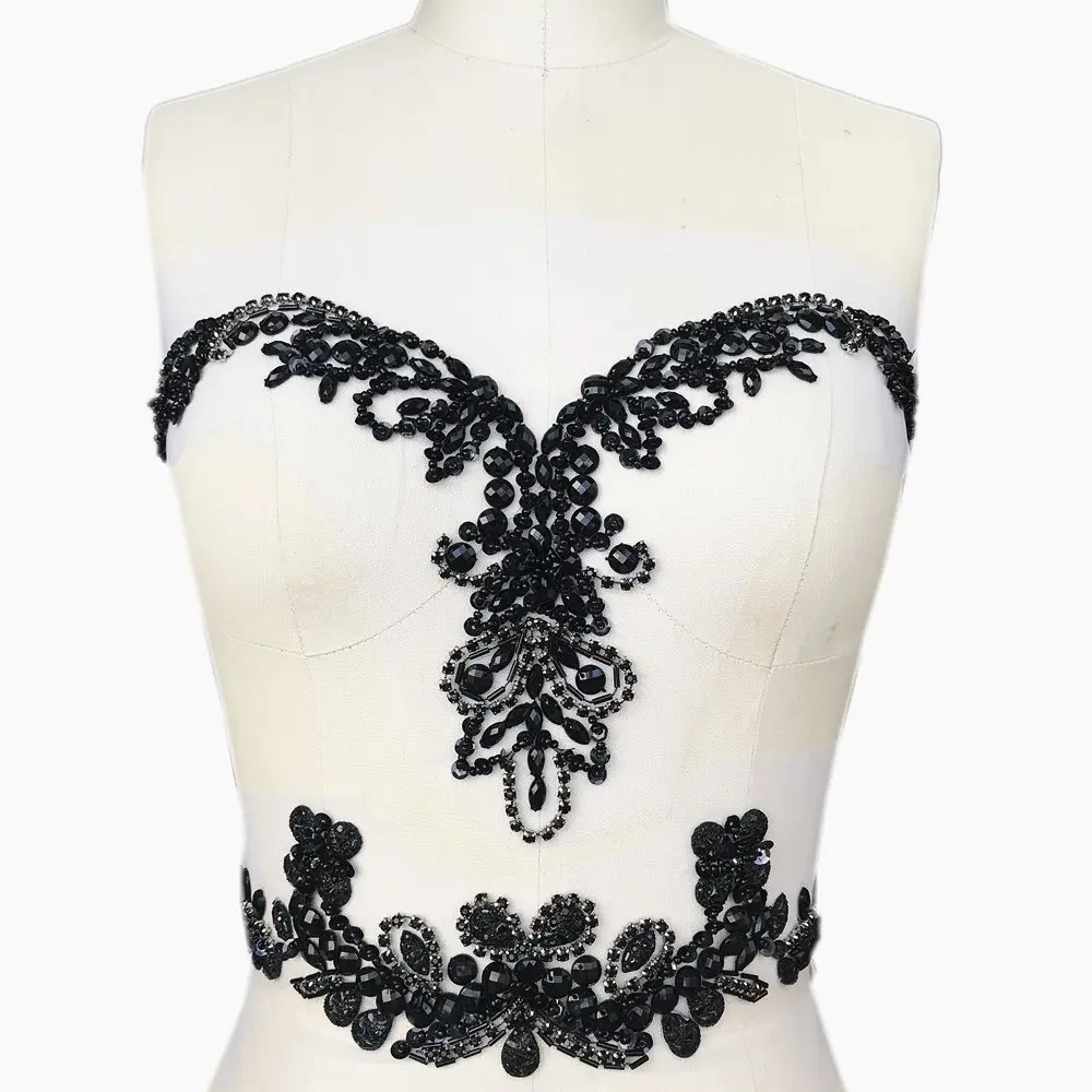 succi shan Handmade Beaded V-Neck Sequin Applique Patch 20x34cm | Bridal DIY Embellishment - main product image