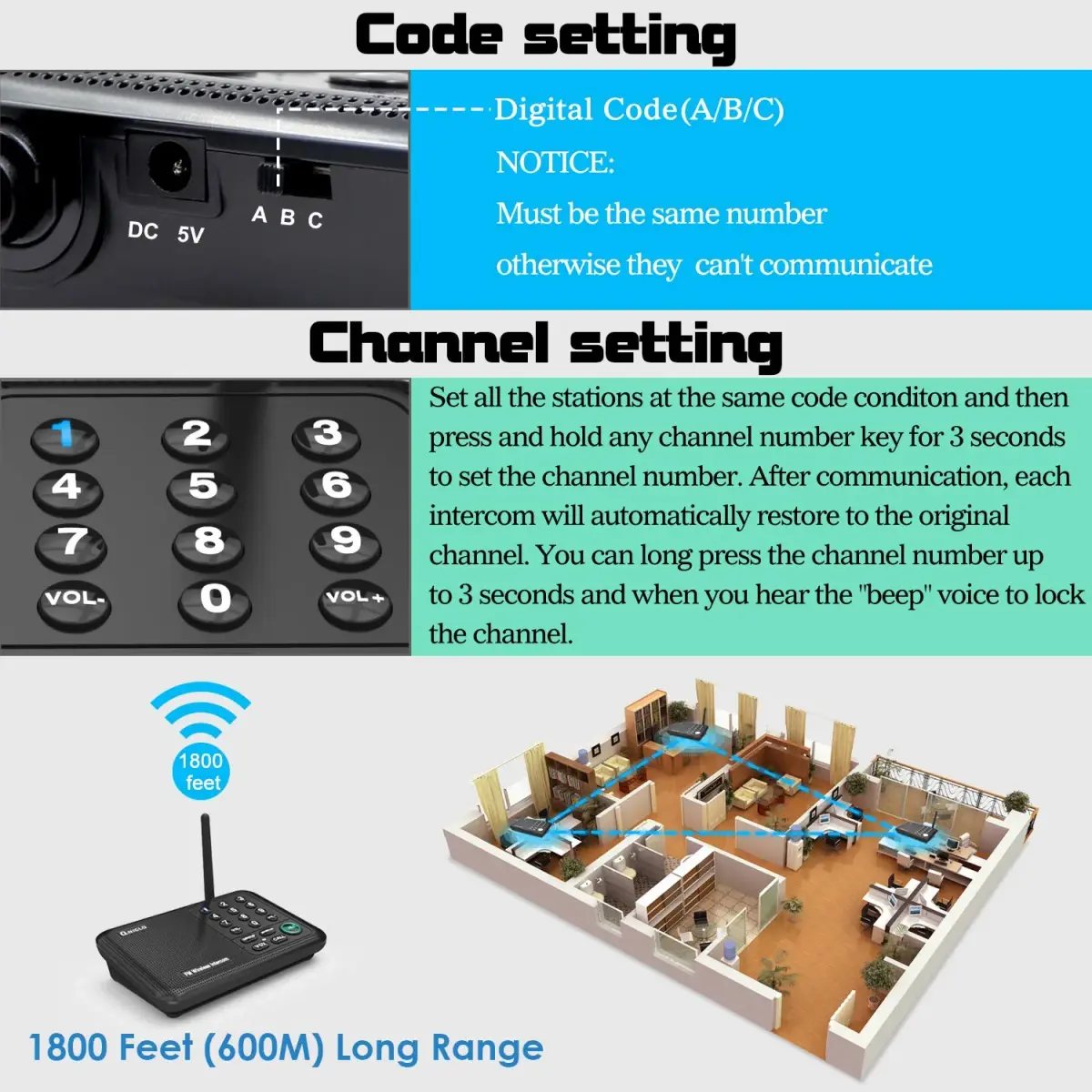 QNIGLO Wireless Intercom System | 5280 Ft Long Range, 10 Channels, VOX Hands-Free - view 6