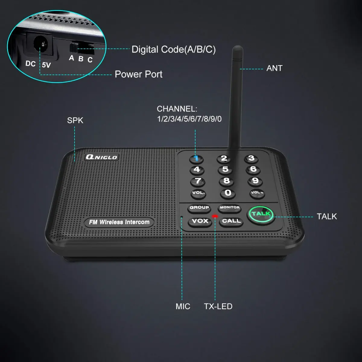 QNIGLO Wireless Intercom System | 5280 Ft Long Range, 10 Channels, VOX Hands-Free - view 7