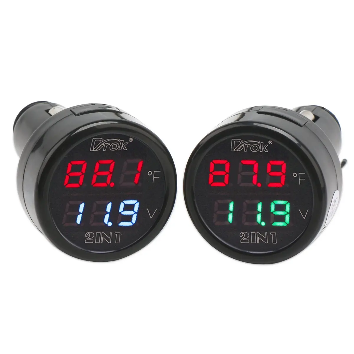 DROK Dual Display Car Thermometer & Voltage Monitor 10-170°F | 12V/24V Cigarette Lighter Powered - main product image