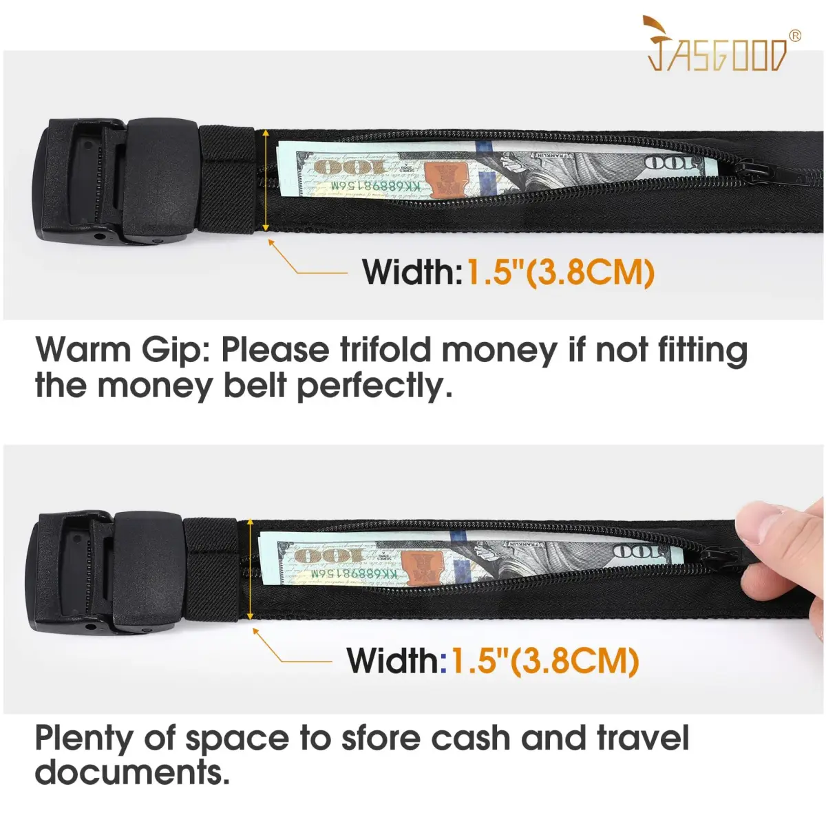 JASGOOD Black Travel Security Money Belt with Hidden Pocket - Fits Pant Sizes 44-50" - view 4