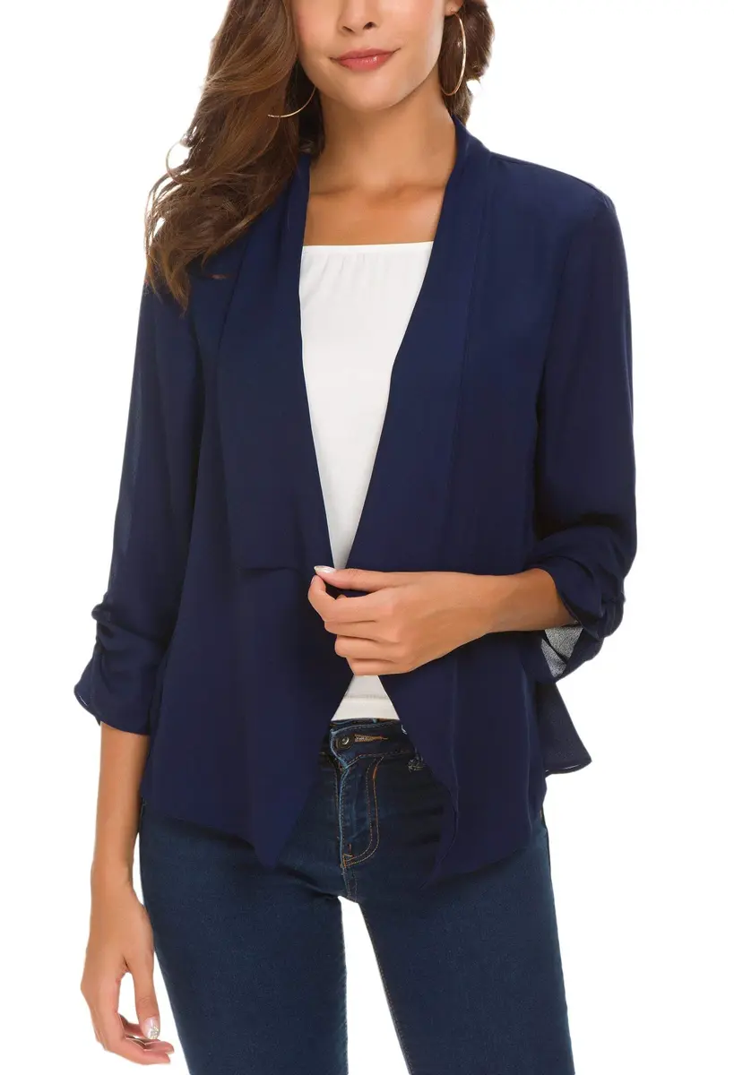 Urban CoCo Women's Ruched Sleeve Lightweight Thin Chiffon Blazer (L, Navy Blue) | Breathable & Classy - main product image