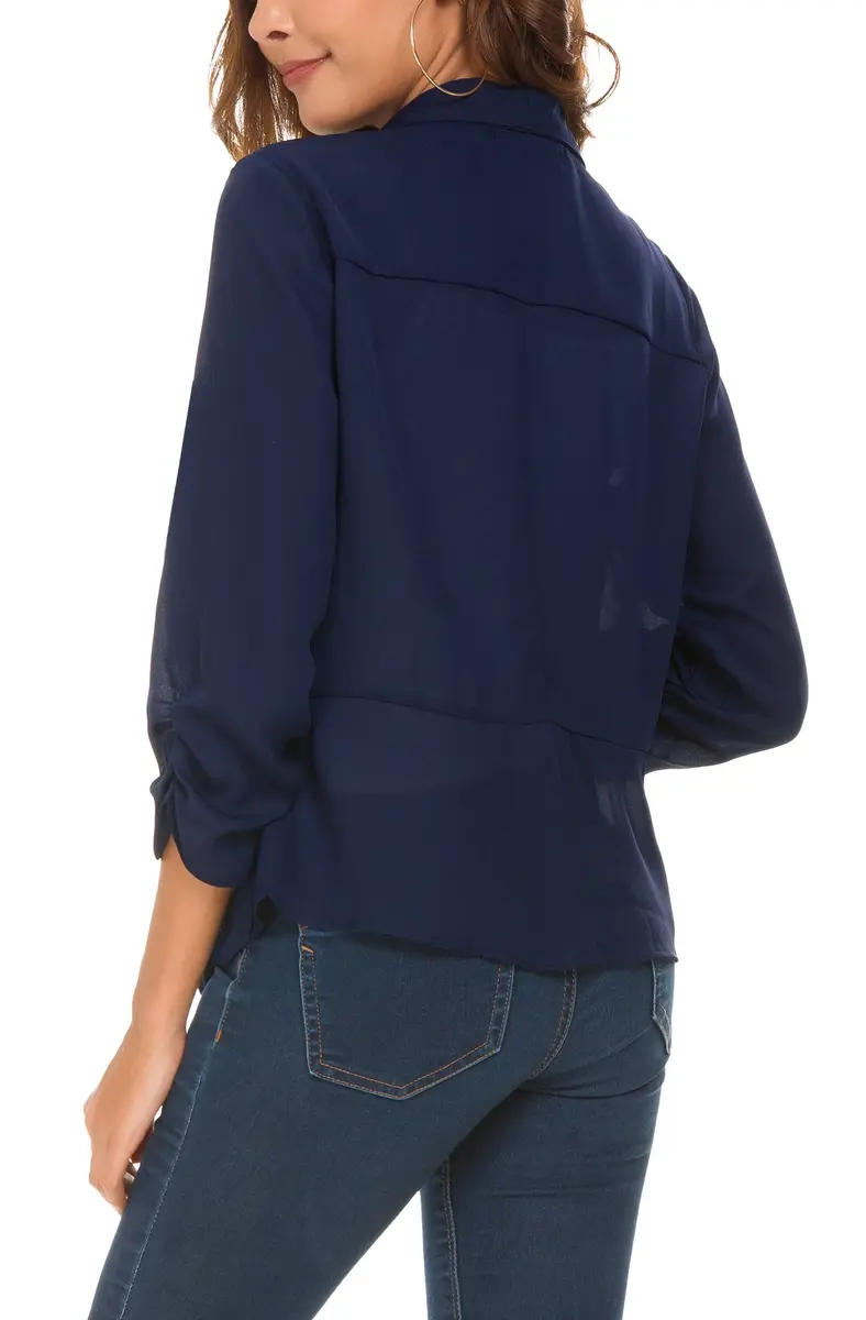 Urban CoCo Women's Ruched Sleeve Lightweight Thin Chiffon Blazer (L, Navy Blue) | Breathable & Classy - view 5