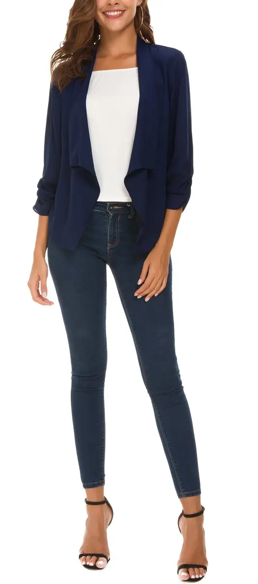 Urban CoCo Women's Ruched Sleeve Lightweight Thin Chiffon Blazer (L, Navy Blue) | Breathable & Classy - view 6