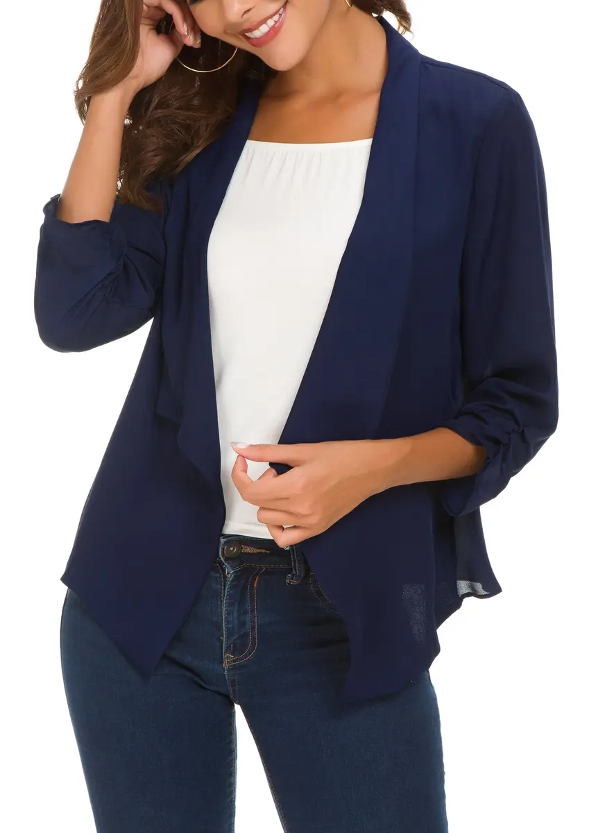 Urban CoCo Women's Ruched Sleeve Lightweight Thin Chiffon Blazer (L, Navy Blue) | Breathable & Classy - view 2