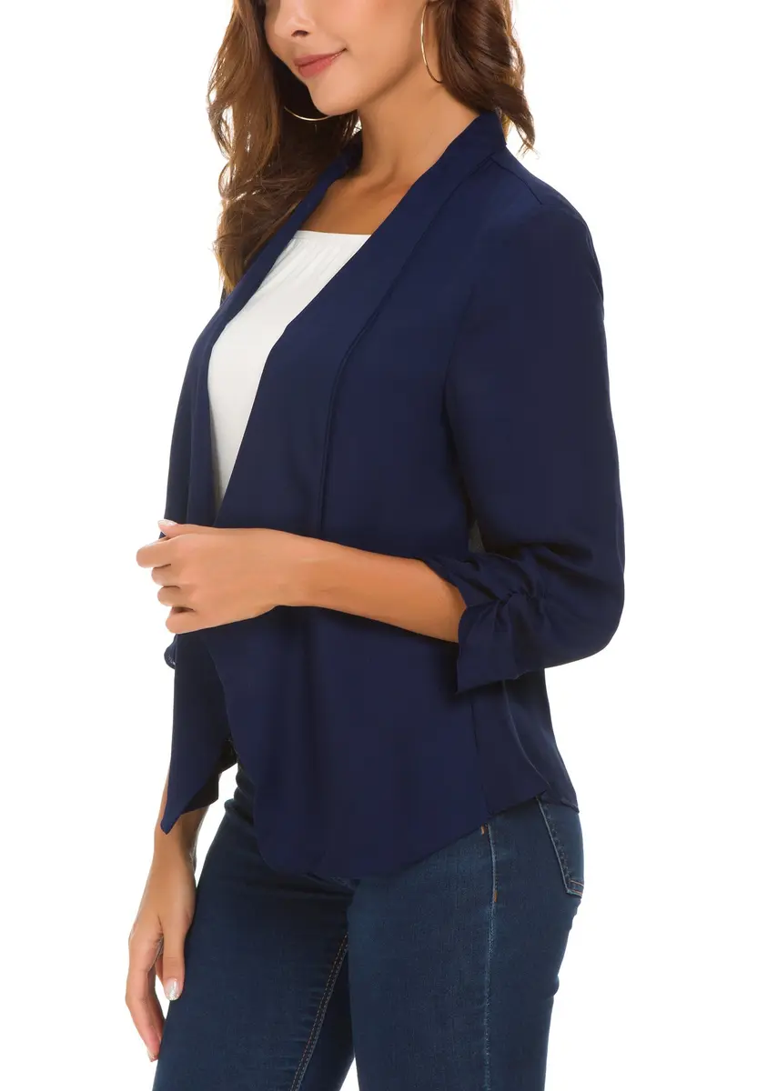 Urban CoCo Women's Ruched Sleeve Lightweight Thin Chiffon Blazer (L, Navy Blue) | Breathable & Classy - view 4
