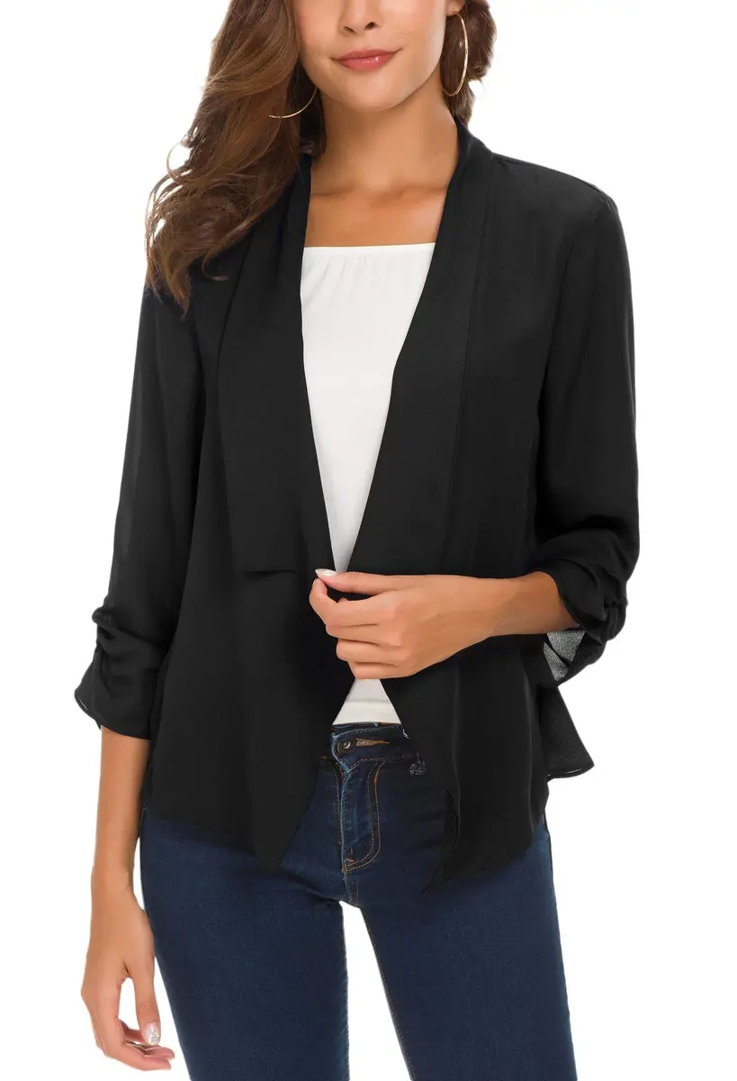 Urban CoCo Women's Ruched Sleeve Lightweight Thin Chiffon Blazer (S, Black) | Breathable & Stylish - main product image
