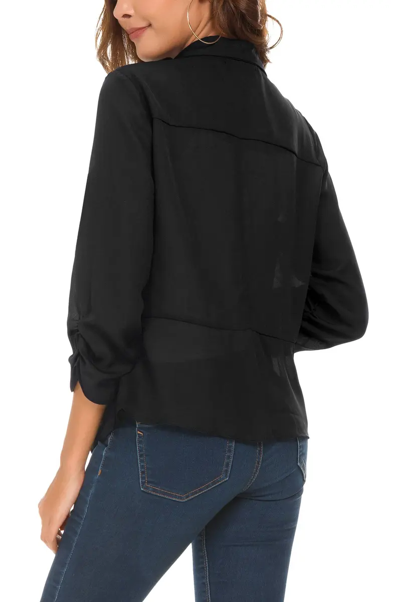 Urban CoCo Women's Ruched Sleeve Lightweight Thin Chiffon Blazer (S, Black) | Breathable & Stylish - view 5