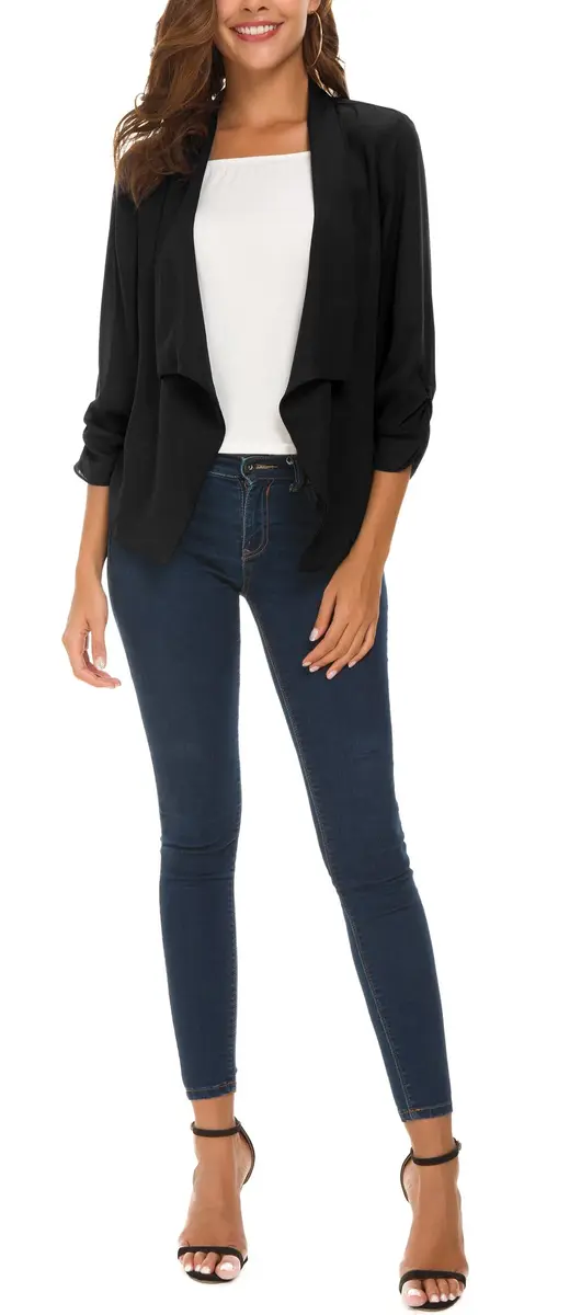 Urban CoCo Women's Ruched Sleeve Lightweight Thin Chiffon Blazer (S, Black) | Breathable & Stylish - view 6
