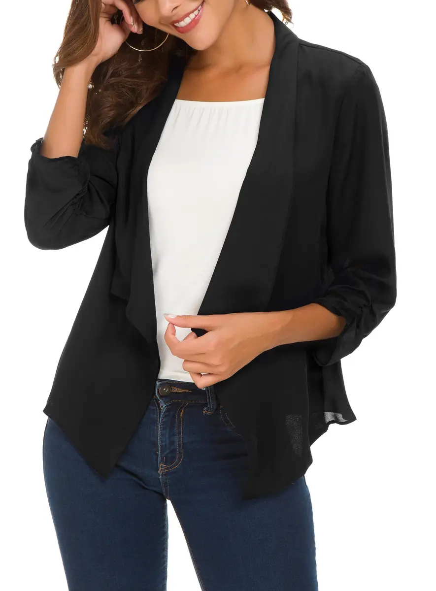 Urban CoCo Women's Ruched Sleeve Lightweight Thin Chiffon Blazer (S, Black) | Breathable & Stylish - view 2