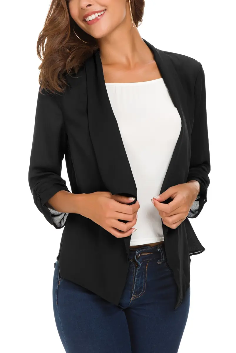 Urban CoCo Women's Ruched Sleeve Lightweight Thin Chiffon Blazer (S, Black) | Breathable & Stylish - view 3