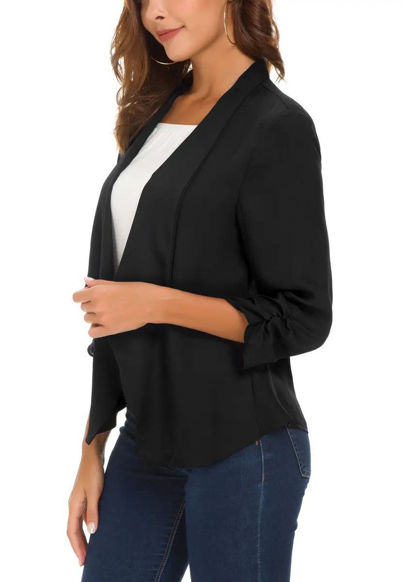 Urban CoCo Women's Ruched Sleeve Lightweight Thin Chiffon Blazer (S, Black) | Breathable & Stylish - view 4