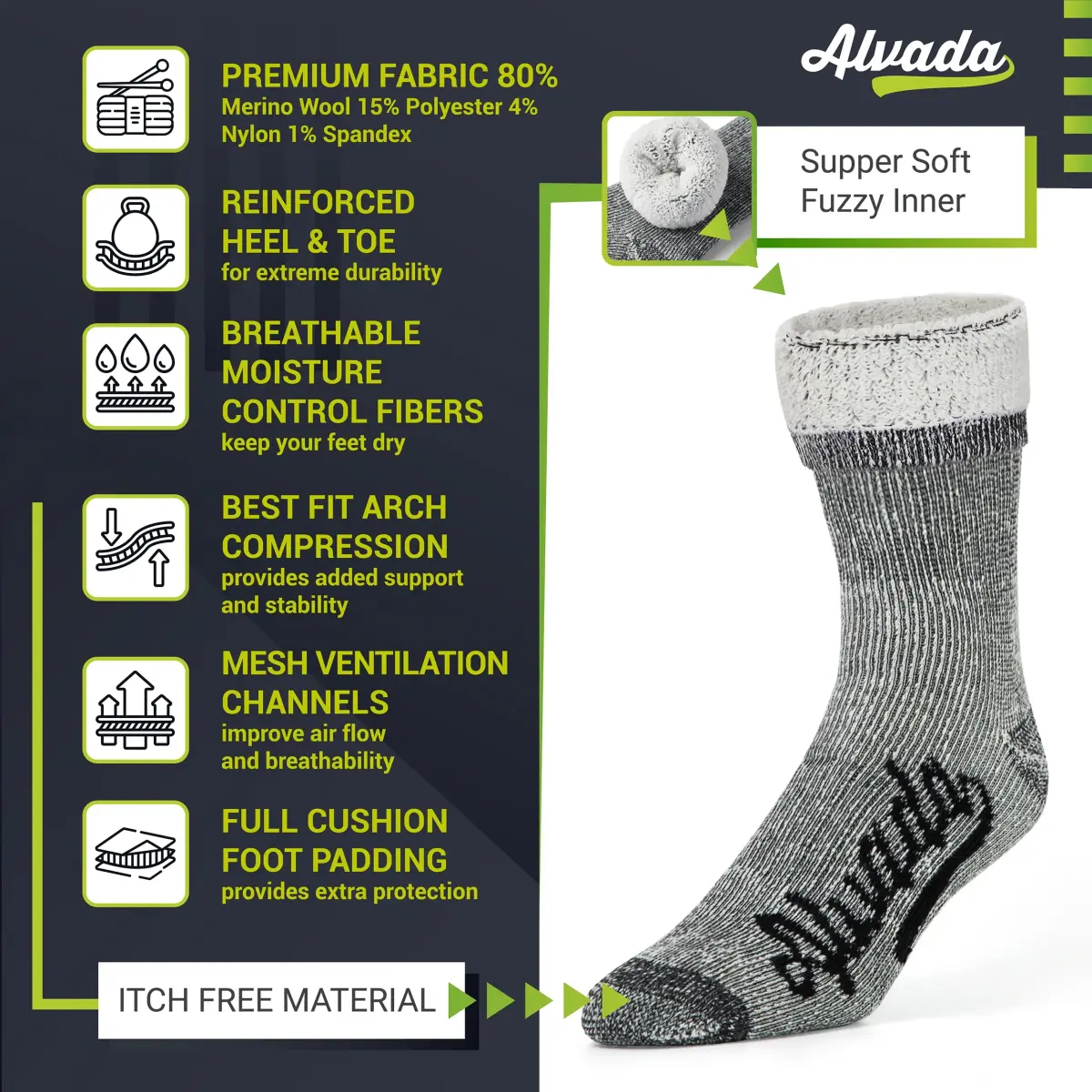 Alvada Merino Wool Hiking Socks Thermal Warm Crew Winter Boot Sock 3 Pairs ML | Breathable & Itch-Free - view 3