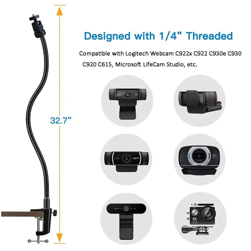 Etubby Webcam Stand Holder 27" Adjustable Gooseneck Desk Clamp Mount for Logitech Webcam C925X, C922, C930e, C930, C920, C615, Etc. (1/4" Threaded) - view 3