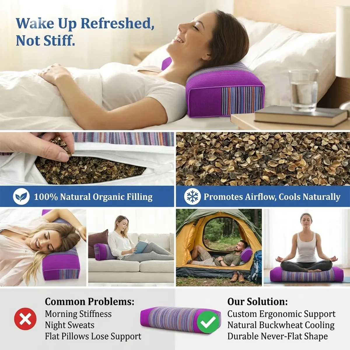 JOERRES Buckwheat Hull Pillow for Neck Pain Relief | Organic, Adjustable Support, 20x9 Inch - view 5