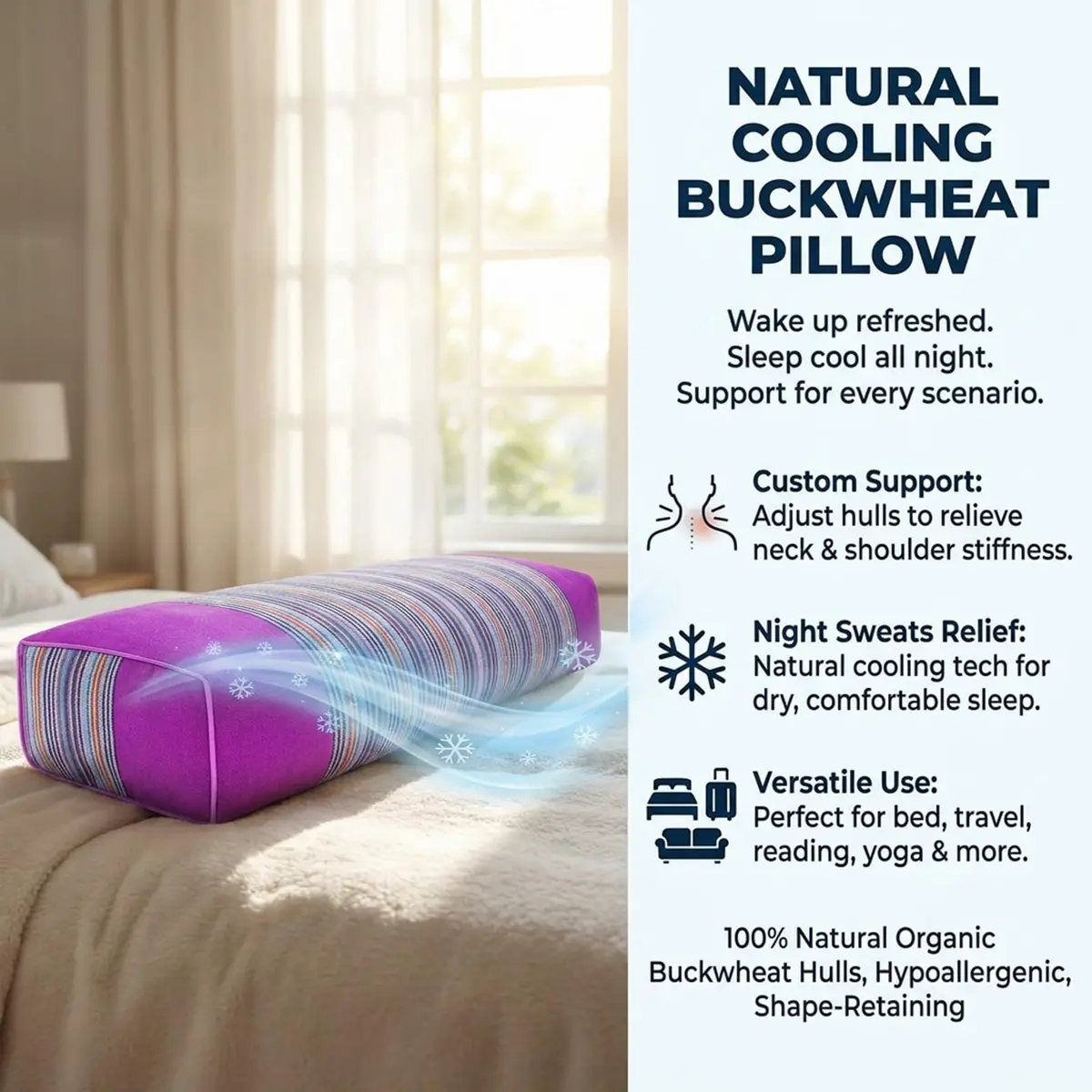 JOERRES Buckwheat Hull Pillow for Neck Pain Relief | Organic, Adjustable Support, 20x9 Inch - view 7
