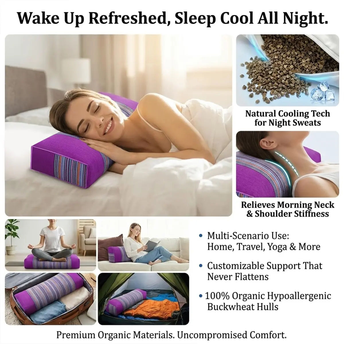 JOERRES Buckwheat Hull Pillow for Neck Pain Relief | Organic, Adjustable Support, 20x9 Inch - view 8