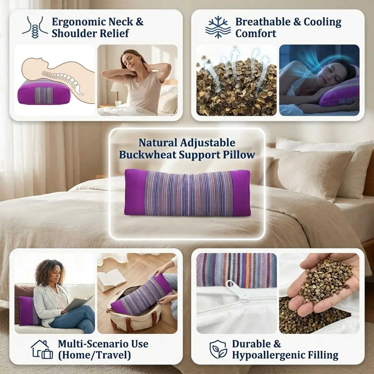 JOERRES Buckwheat Hull Pillow for Neck Pain Relief | Organic, Adjustable Support, 20x9 Inch - view 2