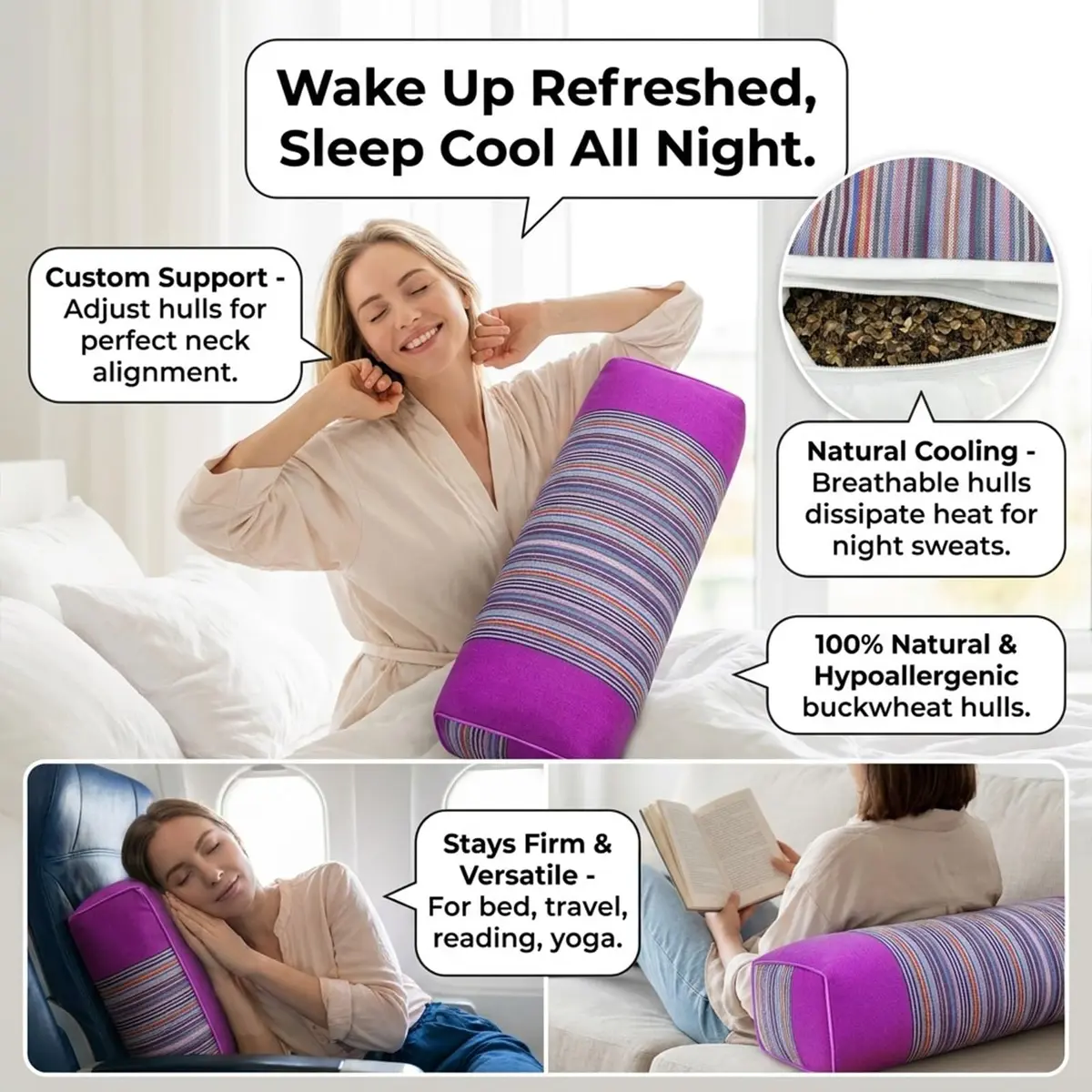 JOERRES Buckwheat Hull Pillow for Neck Pain Relief | Organic, Adjustable Support, 20x9 Inch - view 4
