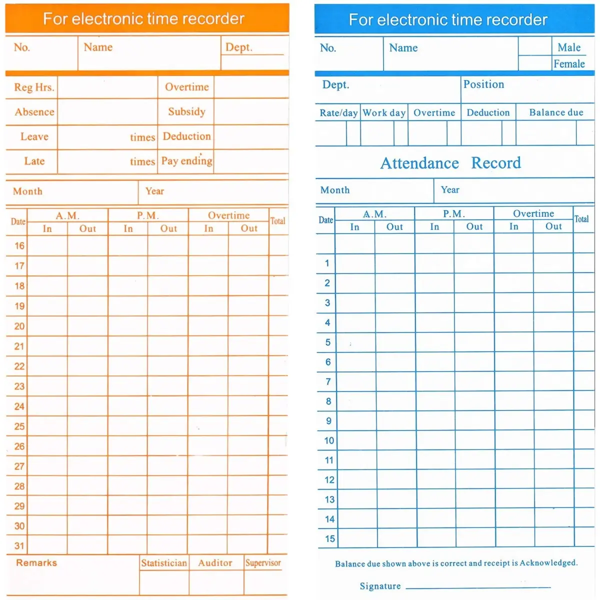 Flexzion Monthly Time Cards 270 Pack | 7.4 x 3.3 Inch Blue/Orange 6-Column Electronic Time Clock Cards - view 2