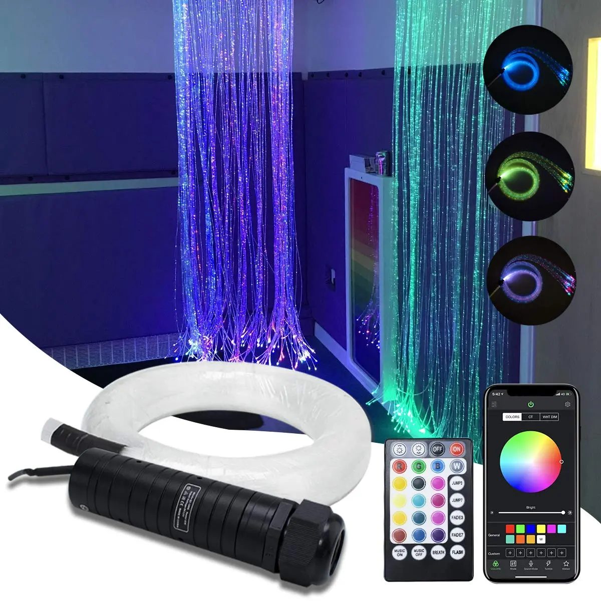 AMKI RGBW Fiber Optic Curtain Light Kit 2m (6.5ft) | Smart App & Bluetooth Control for Windows & Sensory Rooms - main product image
