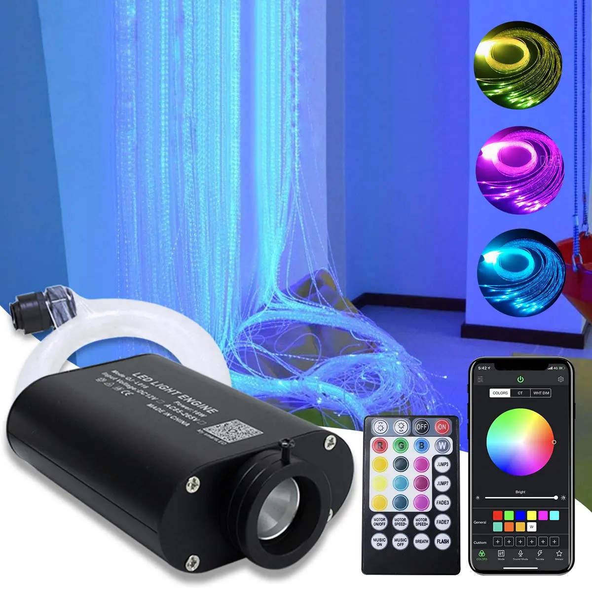 AMKI 16W RGBW Fiber Optic Curtain Light Kit 4m (13.1ft) | Sound Activated Waterfall Effect - main product image