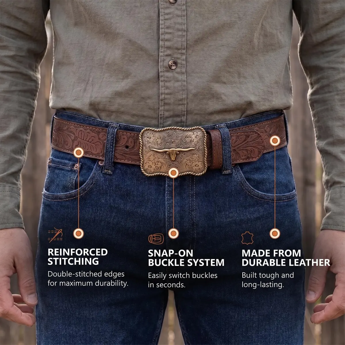 BC Belts Western Leather Belt Strap 1.5” Wide Embossed Scrollwork Brown XXL | Classic Western Style - view 6