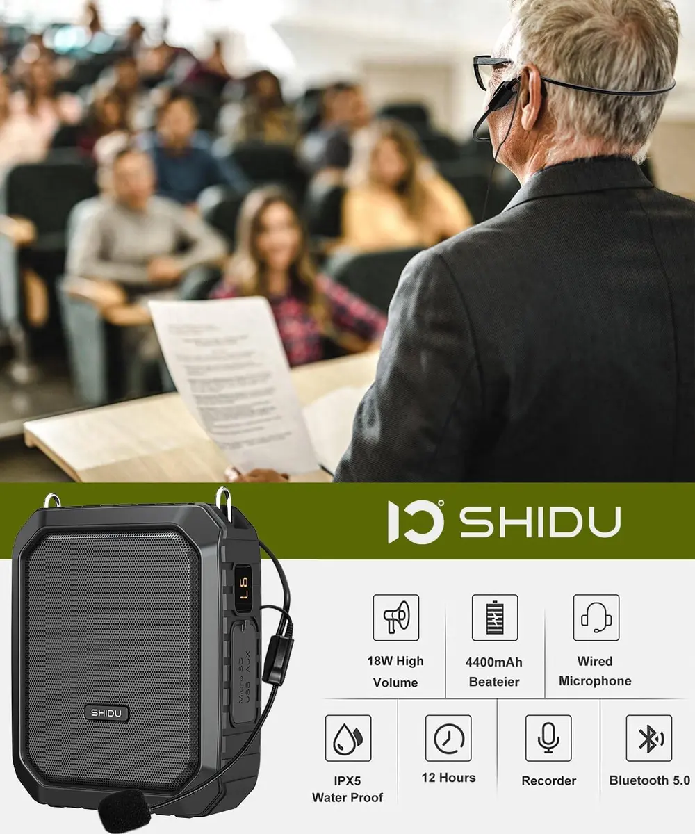 SHIDU Voice Amplifier for Teacher with Portable Microphone Waterproof | 18W Bluetooth Speaker, 4400mAh Battery, IPX5 Waterproof, Microphone Headset - view 2