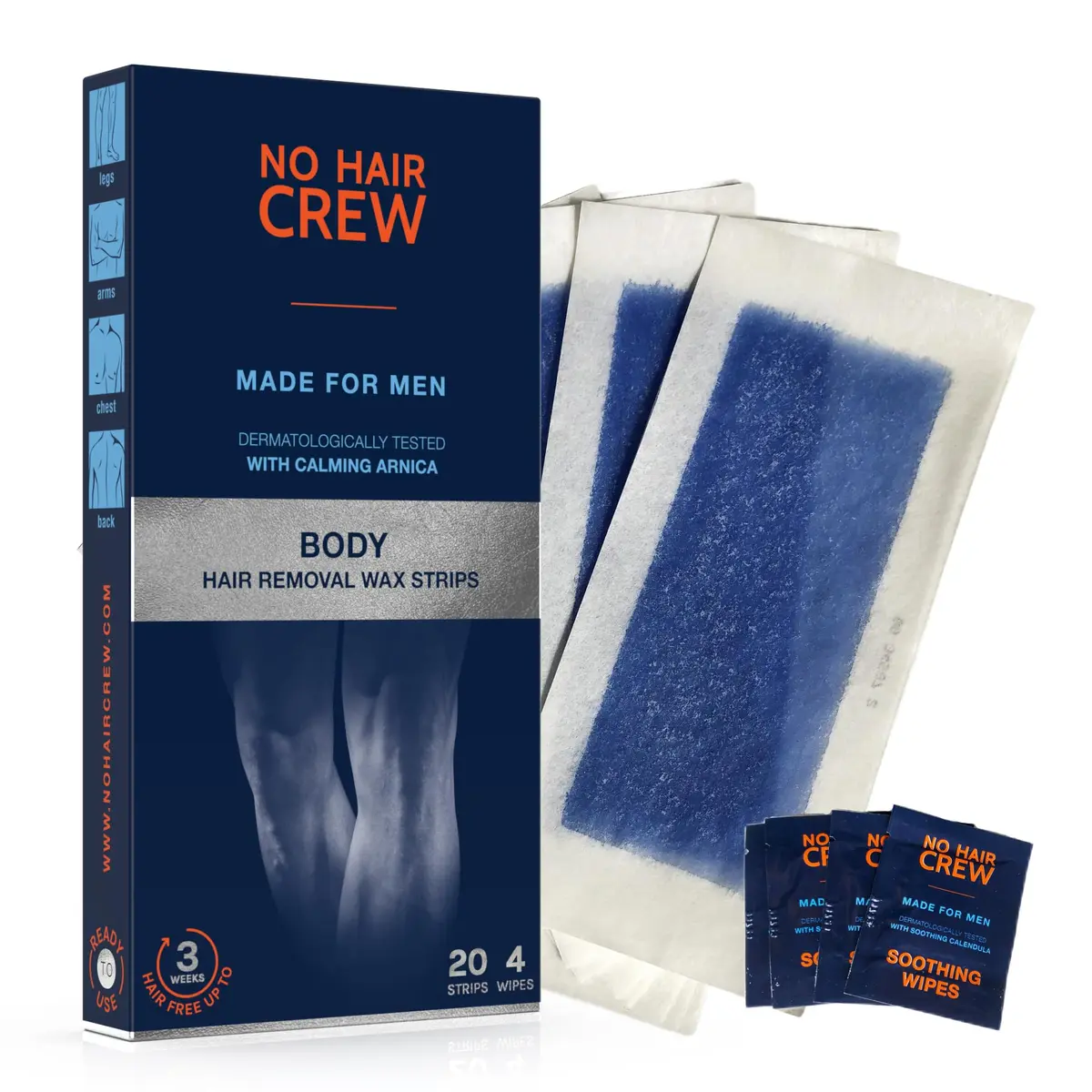 NO HAIR CREW Body Wax Strips – High Performance Wax Strips Made for Men, 20 strips & 4 soothing cleansing wipes | Long-lasting, effective hair removal - main product image