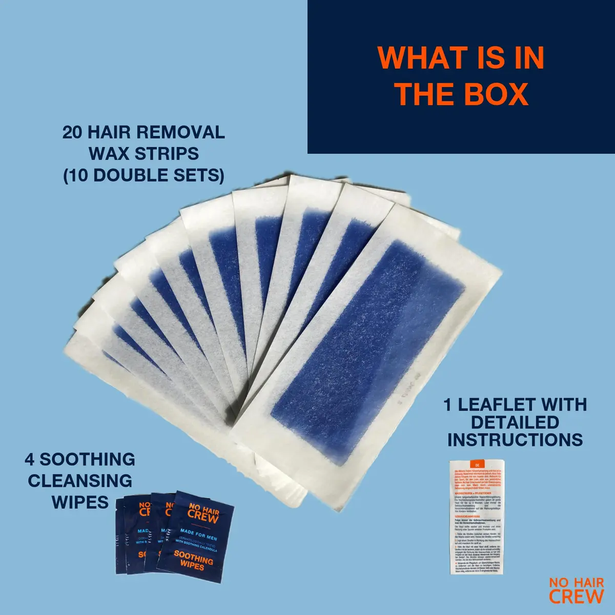 NO HAIR CREW Body Wax Strips – High Performance Wax Strips Made for Men, 20 strips & 4 soothing cleansing wipes | Long-lasting, effective hair removal - view 5