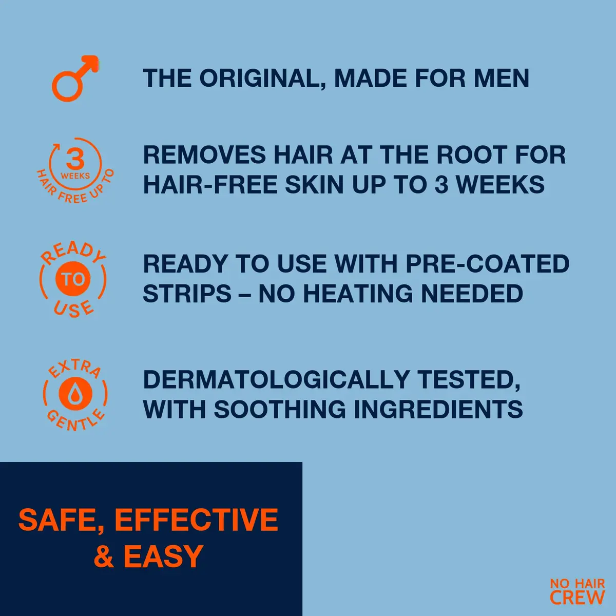 NO HAIR CREW Body Wax Strips – High Performance Wax Strips Made for Men, 20 strips & 4 soothing cleansing wipes | Long-lasting, effective hair removal - view 2