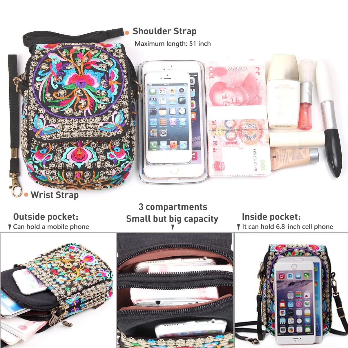 SILKAREA Embroidered Crossbody Bag for Women | Mini Handbag with Adjustable Strap (7.4 in) | Stylish Canvas Wallet - view 7