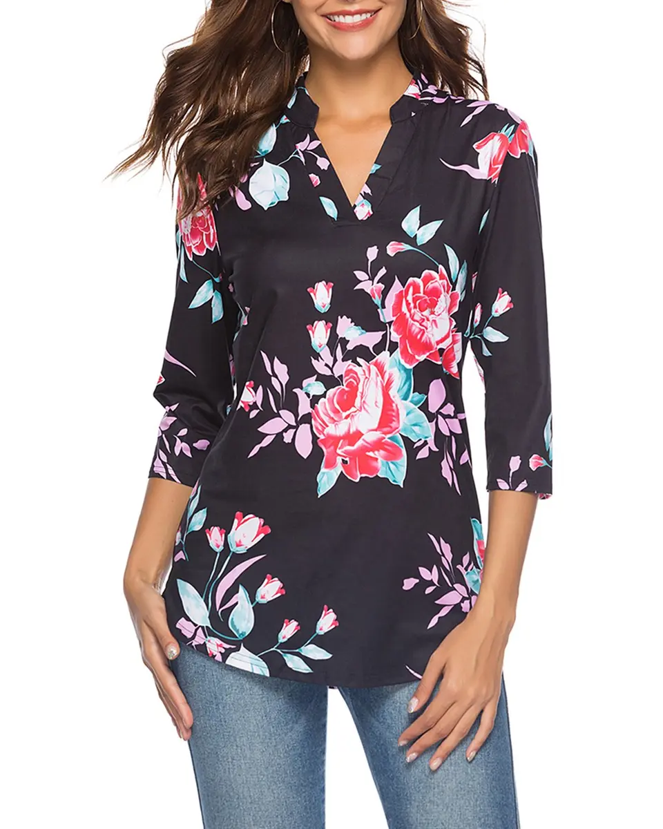 CEASIKERY Women's 3/4 Sleeve V Neck Tops Casual Tunic Blouse Loose Shirt Floral Black | Versatile, breathable rayon, stylish for work & casual (70-120 chars) - main product image