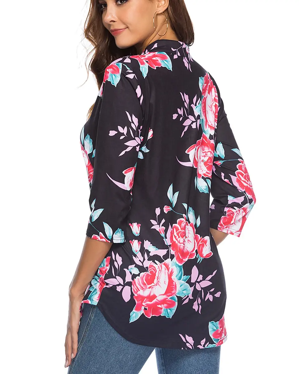 CEASIKERY Women's 3/4 Sleeve V Neck Tops Casual Tunic Blouse Loose Shirt Floral Black | Versatile, breathable rayon, stylish for work & casual (70-120 chars) - view 5