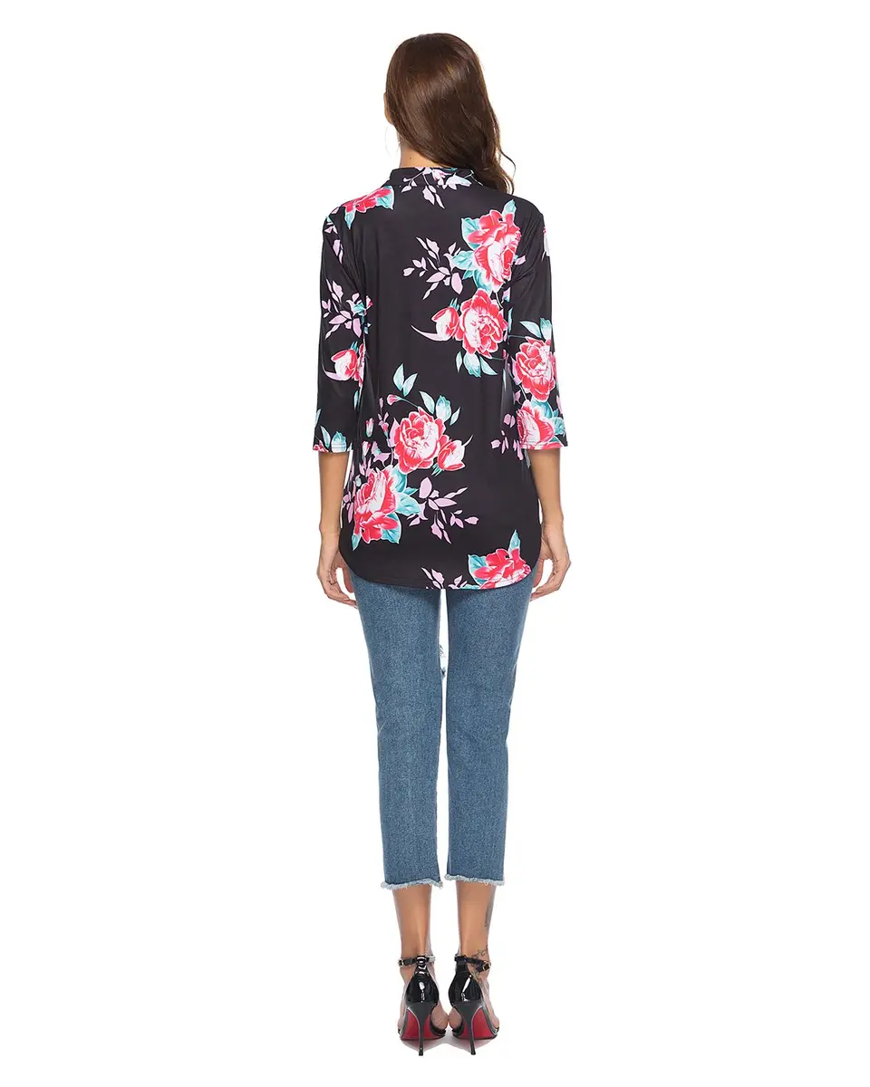 CEASIKERY Women's 3/4 Sleeve V Neck Tops Casual Tunic Blouse Loose Shirt Floral Black | Versatile, breathable rayon, stylish for work & casual (70-120 chars) - view 6