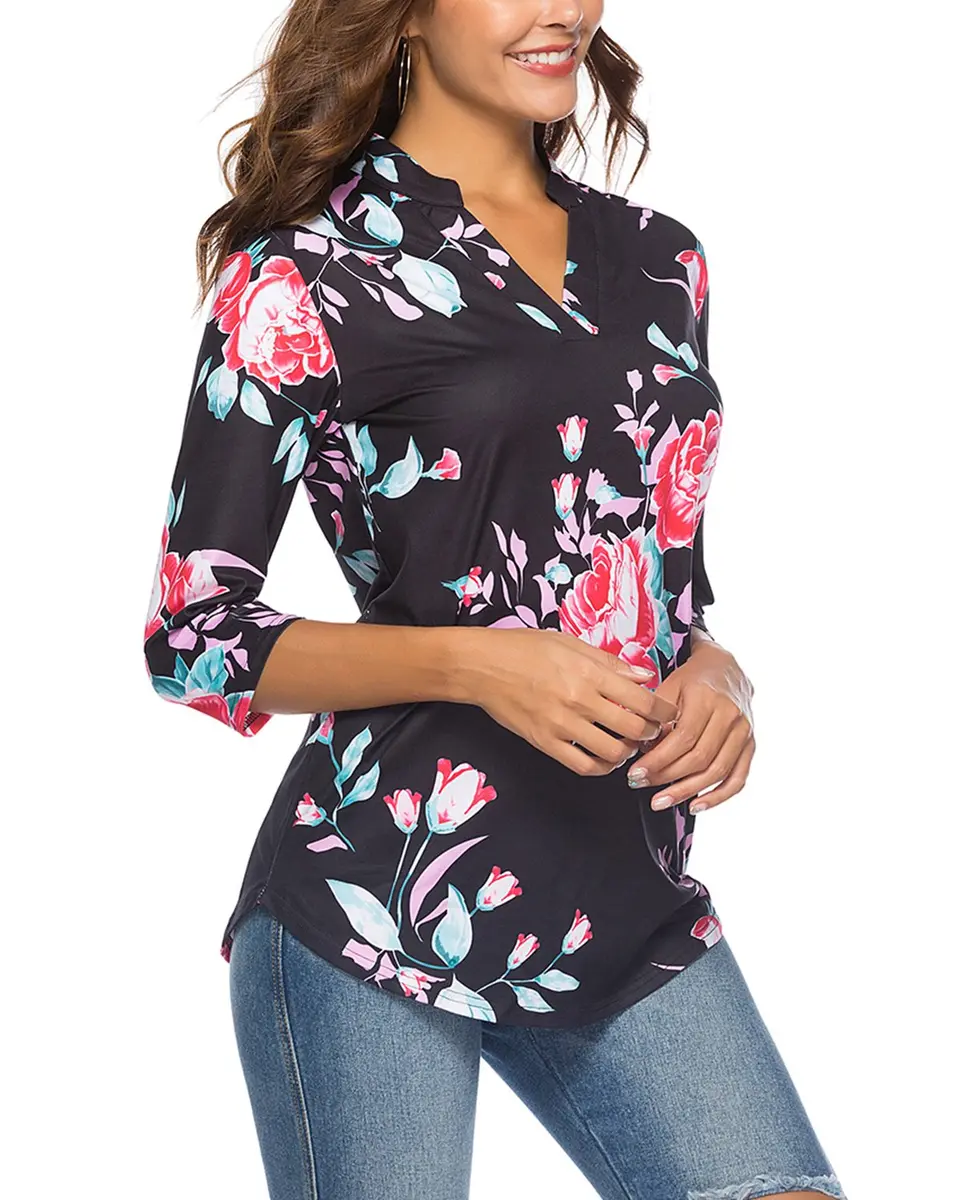 CEASIKERY Women's 3/4 Sleeve V Neck Tops Casual Tunic Blouse Loose Shirt Floral Black | Versatile, breathable rayon, stylish for work & casual (70-120 chars) - view 2