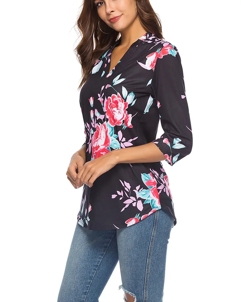CEASIKERY Women's 3/4 Sleeve V Neck Tops Casual Tunic Blouse Loose Shirt Floral Black | Versatile, breathable rayon, stylish for work & casual (70-120 chars) - view 3