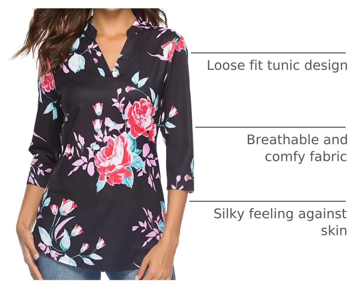 CEASIKERY Women's 3/4 Sleeve V Neck Tops Casual Tunic Blouse Loose Shirt Floral Black | Versatile, breathable rayon, stylish for work & casual (70-120 chars) - view 4