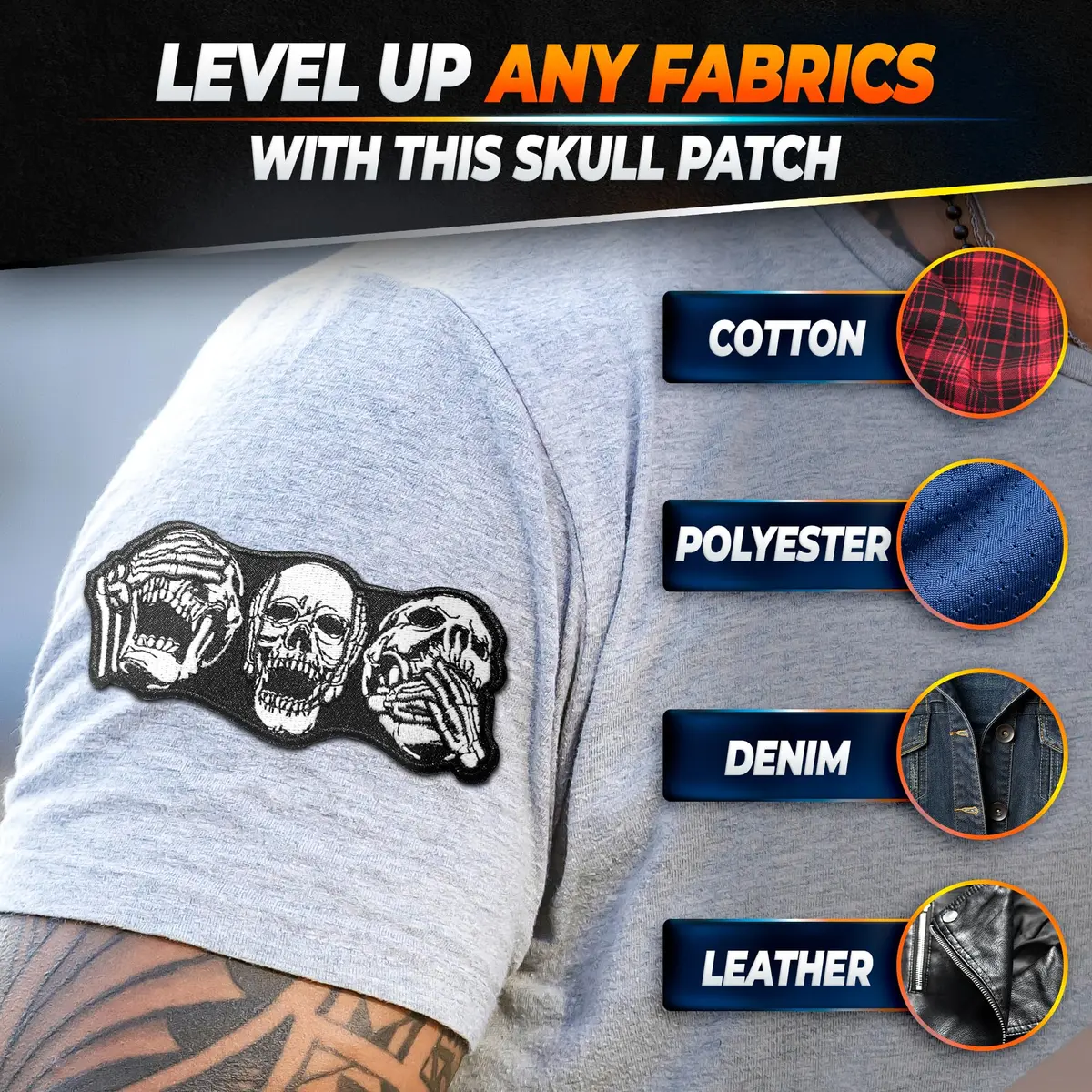 Reluen Skull Biker Patches for Vests, 8.99 x 4 cm (3.54 x 1.57 in) | Iron-On & Sew-On Embroidered Polyester Cotton - view 6