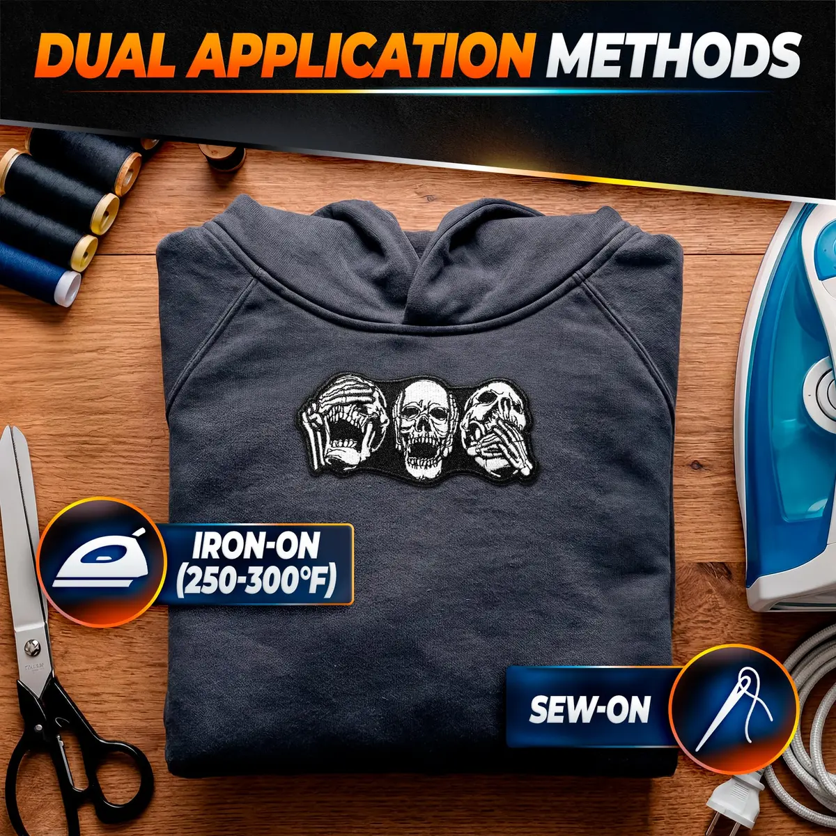 Reluen Skull Biker Patches for Vests, 8.99 x 4 cm (3.54 x 1.57 in) | Iron-On & Sew-On Embroidered Polyester Cotton - view 7