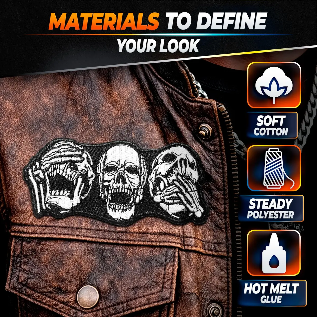 Reluen Skull Biker Patches for Vests, 8.99 x 4 cm (3.54 x 1.57 in) | Iron-On & Sew-On Embroidered Polyester Cotton - view 3