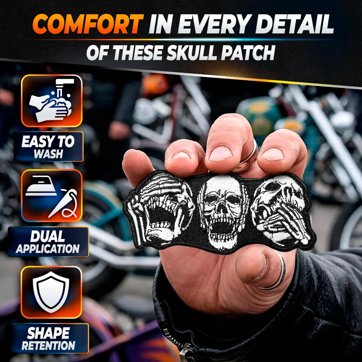 Reluen Skull Biker Patches for Vests, 8.99 x 4 cm (3.54 x 1.57 in) | Iron-On & Sew-On Embroidered Polyester Cotton - view 4