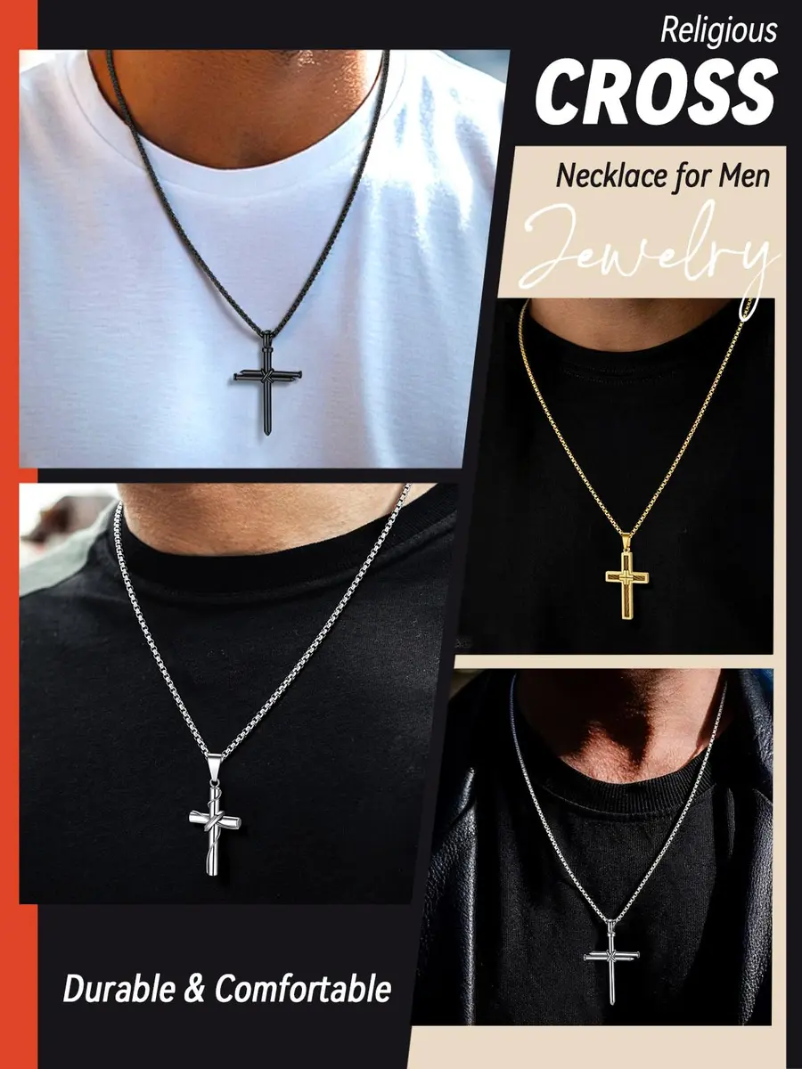 FaithHeart Nail Cross Necklace for Men, Gold Cross Pendant 54mm x 35mm | Stainless Steel Christian Jewelry - view 4