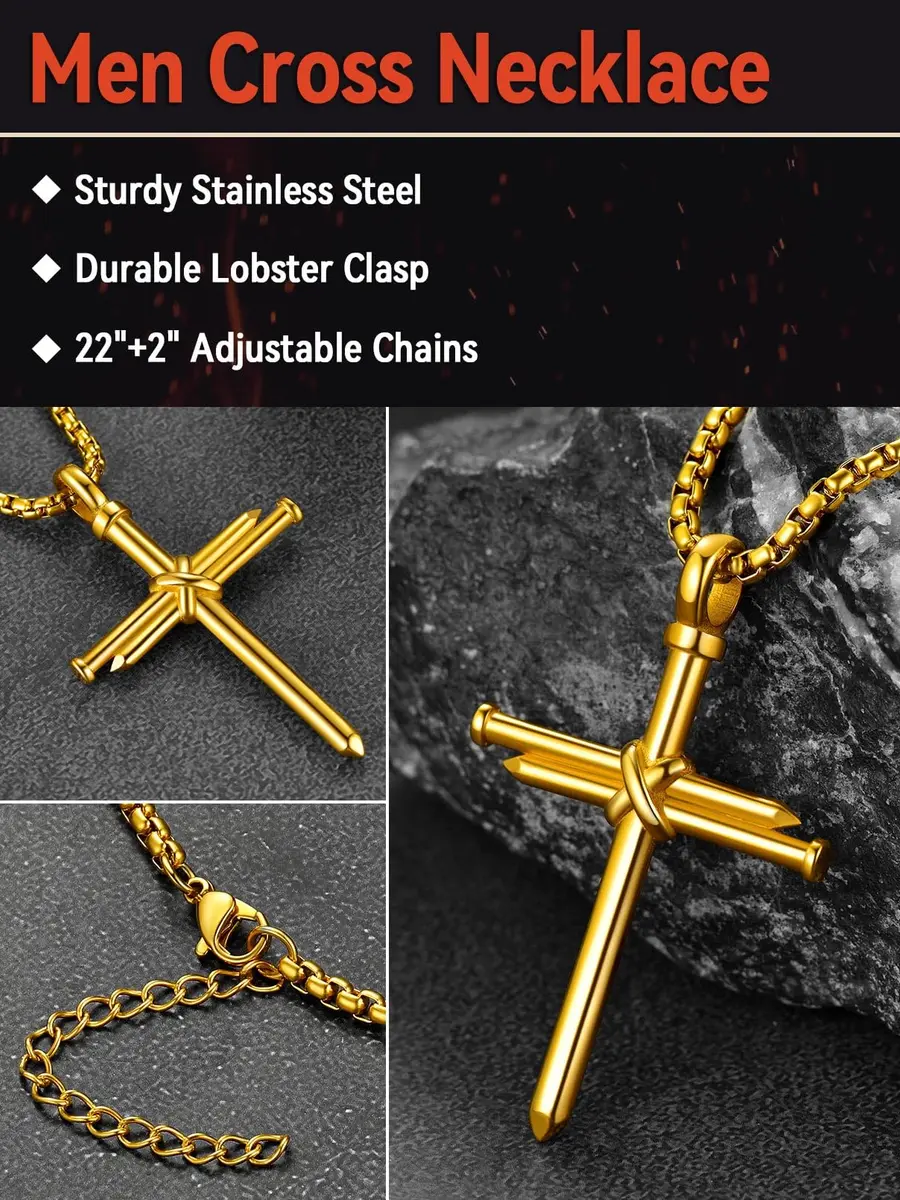 FaithHeart Nail Cross Necklace for Men, Gold Cross Pendant 54mm x 35mm | Stainless Steel Christian Jewelry - view 5