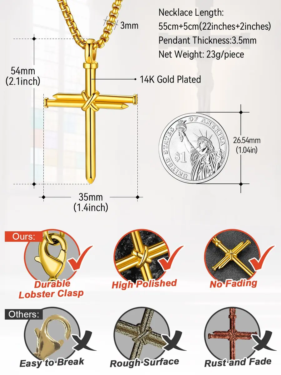 FaithHeart Nail Cross Necklace for Men, Gold Cross Pendant 54mm x 35mm | Stainless Steel Christian Jewelry - view 6