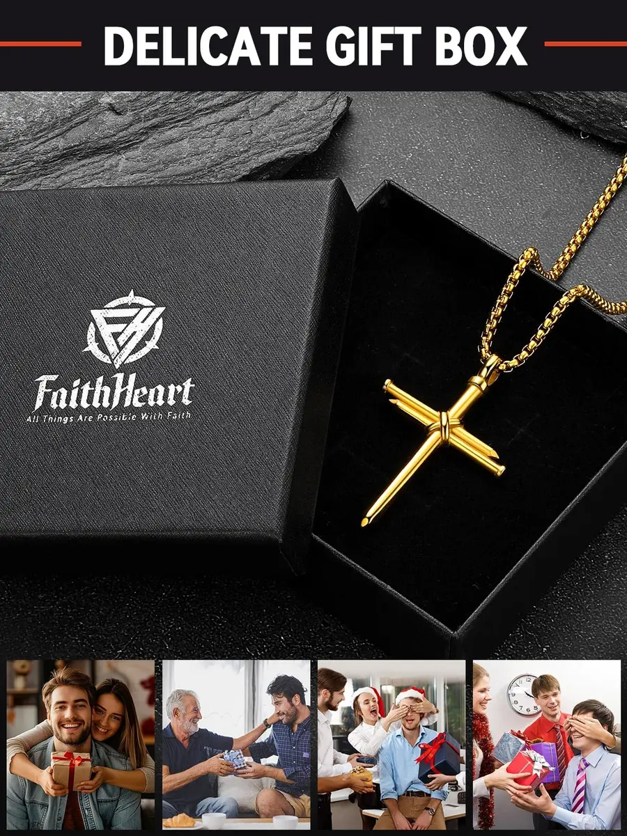 FaithHeart Nail Cross Necklace for Men, Gold Cross Pendant 54mm x 35mm | Stainless Steel Christian Jewelry - view 7