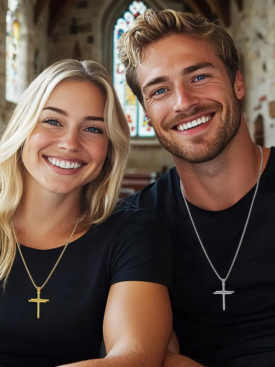 FaithHeart Nail Cross Necklace for Men, Gold Cross Pendant 54mm x 35mm | Stainless Steel Christian Jewelry - view 8