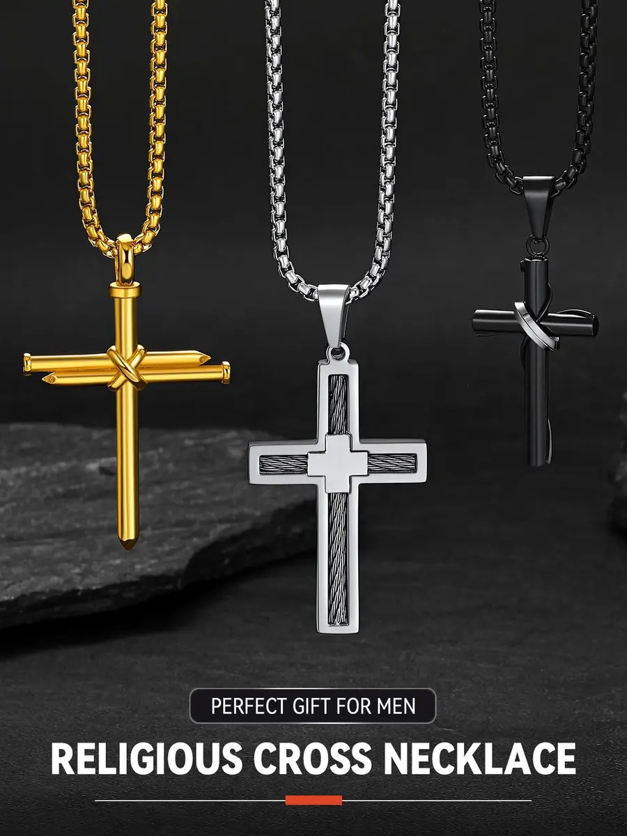 FaithHeart Nail Cross Necklace for Men, Gold Cross Pendant 54mm x 35mm | Stainless Steel Christian Jewelry - view 9